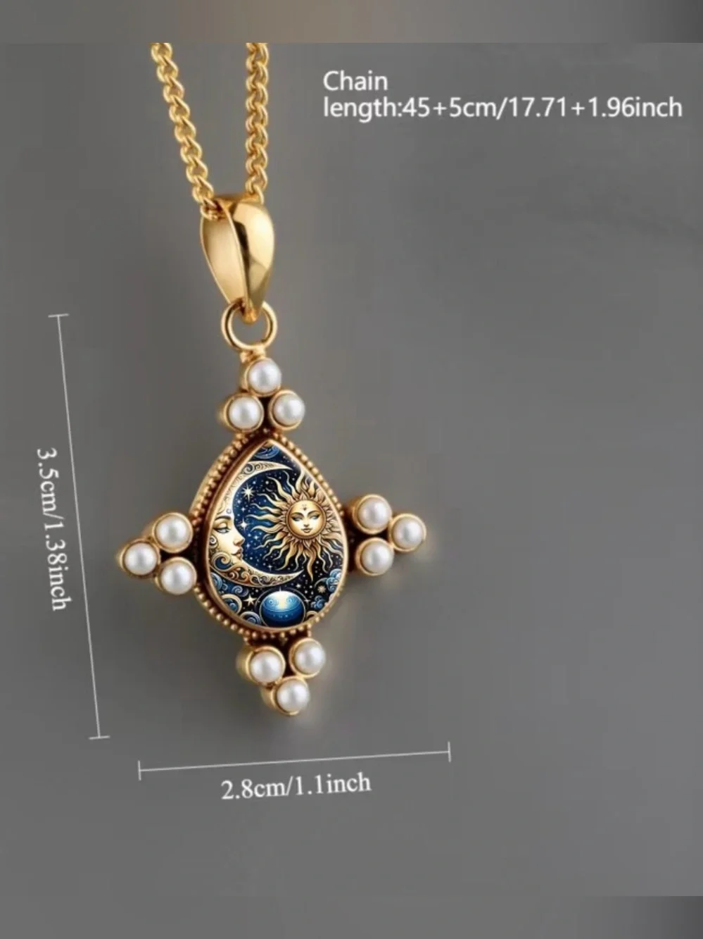 Gold Sun & Moon Pearl Pendant Necklace in Blue